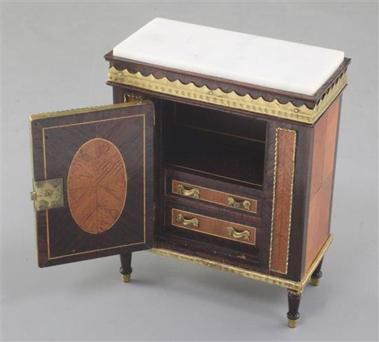 Denis Hillman. A Louis XVI style marquetry inlaid marble topped side cabinet, height 3.25in. width 2.75in.